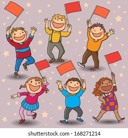 Six happy children with little RED flags walking together. Back to School isolated objects on white background. Great illustration for a school books and more. VECTOR. Editorial. Education.