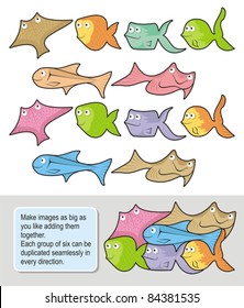 Six happy fish cartoons each one in two colored versions. Make seamless wallpapers as big as you like adding them together.