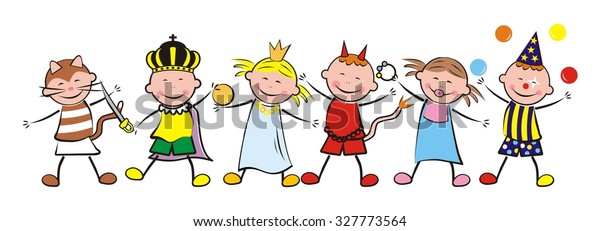 six happy kids and carnival, nursery wallpaper mural vector illustration