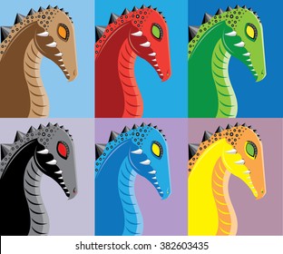 Six heads of dragons of different color.