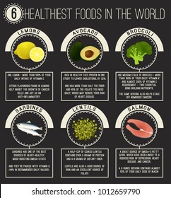 Six Healthiest Foods In The World. Lemons, Avocado, Broccoli,  Lentils, Salmon, Sardines. Vector Illustration With Useful Facts