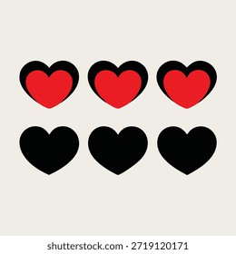Seis Formas de corazón en dos filas, corazones rojos dentro de corazones negros sobre fondo beige amor romance