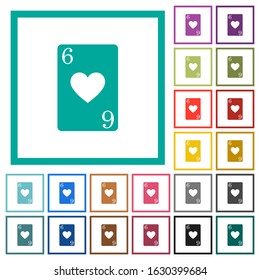 Six of hearts card flat color icons with quadrant frames on white background