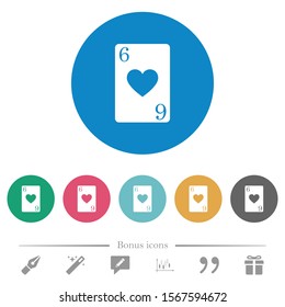 Six of hearts card flat white icons on round color backgrounds. 6 bonus icons included.