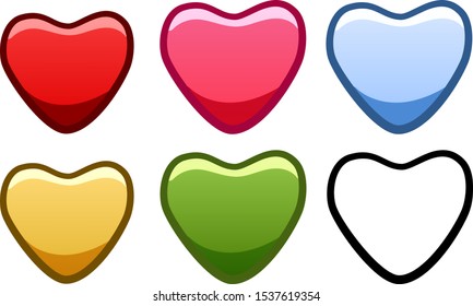 Six hearts of different colors set on white background