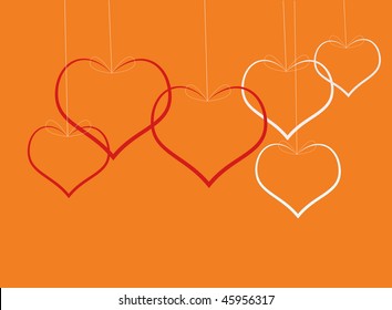 Six hearts hangs on a cords on a red background