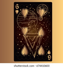 Six of hearts. Playing card with original design on the theme of space.