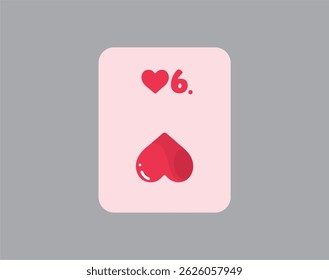 six of hearts. Stylized Vector Vintage and comic style playing card with number, pink background and cute heart