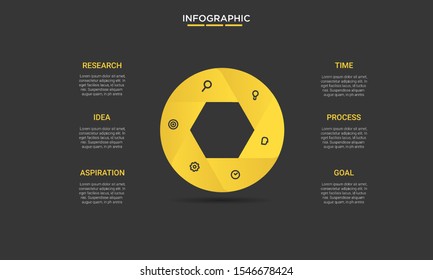 six hexagon black yellow options process chart slide template. Business data. Workflow, visualization, design. Creative concept for infographic, presentation, report, research, strategy, consulting.