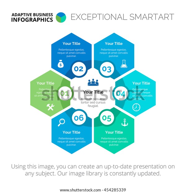 6つの六角形の分岐グラフスライドテンプレート のベクター画像素材 ロイヤリティフリー