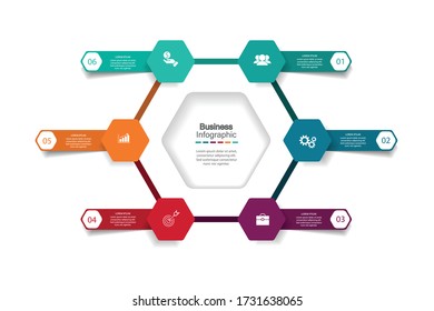 seis elementos hexagonales con un icono de papel y lugar para que el texto sea un papel de círculo blanco. El concepto 6 incluye el desarrollo empresarial. Plantilla de diseño infográfico. Ilustración vectorial.