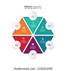 six hexagon elements with a paper icon and place for the text to be a white circle paper. Concept 6 features business development. Infographic design template. Vector illustration.