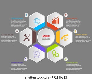 Six hexagon infographic template options  for business presentation.  Vector illustration can be used for diagram, workflow layout, business step options, banner or web design .