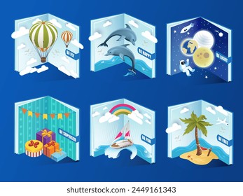 Seis ilustraciones hexagonales con mensajes motivacionales, con un globo aerostático, delfines, espacio exterior, regalos, un velero y una isla tropical. Ilustración vectorial