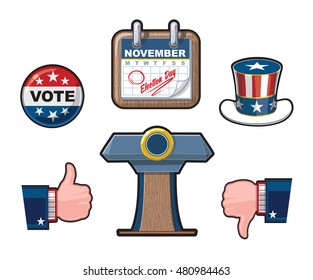 Six Highly Detailed American Elections Vector icon set. It includes the  Uncle Sam's hat, a calendar noting the Elections Day, Like & Dislike symbols and the Presidential Podium.