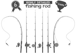 Six Highly Detailed Fishing Rod Icons With Reels And Two Baits 
