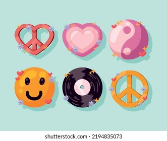 six hippie culture set icons