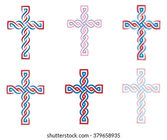 Six historic medieval croatian traditional national interlace or wattle style crosses, so called "Hrvatski pleter", in croatian national tricolor. Line art vector.