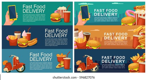 Six horizontal banner for fast food delivery. Cup cola, coffee, donut, ice cream, hamburger, hotdog, fry potato. Flat vector illustration for web. Night, day and sunrise city background