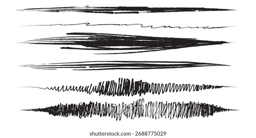 Seis líneas negras Horizontales, que varían en grosor y textura, creadas con pinceladas y patrones garabateados.