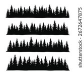 Six horizontal rows of stylized, silhouette illustrations of evergreen forests. 