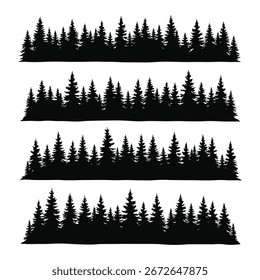 Seis filas Horizontales de ilustraciones estilizadas de siluetas de bosques de hoja perenne. 