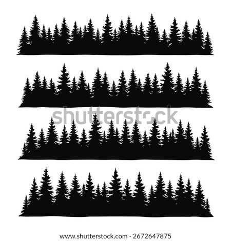 Six horizontal rows of stylized, silhouette illustrations of evergreen forests. 