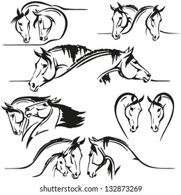 Six horse's heads compositions Brush-drawing  based  images consisting of two or three horse's heads. For advertisement of stables, studs and breeders.