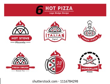 six hot pizza logo badge design set with hot pizza with firw,stove with fire,chef serve hot pizza,fresh dough,thierty minutes serve,homemade pizza with roll pin cross vector illustration