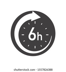 Six hours round icon with arrow. Black and white vector symbol.
