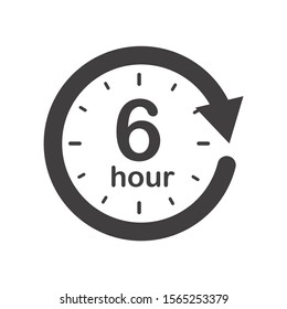 Six hours round icon with arrow. Black and white vector symbol.