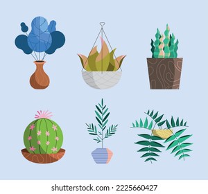 six houseplant in pots icons