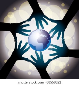six human cooperative hands around the globe - illustration