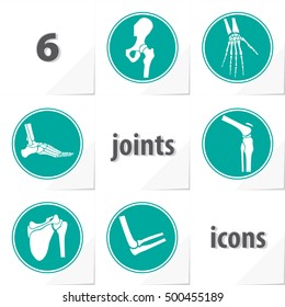 Six Human Joints Icons Ankle Elbow Hip Knee Shoulder Wrist - Grey and Turquoise Objects in Circles on White Natural Paper Effect Background - Flat Graphic Style