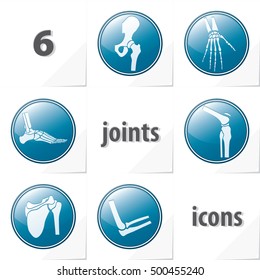 Six Human Joints Icons Ankle Elbow Hip Knee Shoulder Wrist - Blue and Grey Objects in Circles on White Natural Paper Effect Background - Realistic Gradient Graphic Style