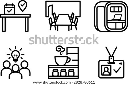 Six hybrid workspace symbols featuring hot desk booking, meeting room perspective, focus pod with laptop, brainstorming collaboration, pantry coffee station, and access badge. Thick clean line art suitable for office management app, workplace presentation, PropTech deck, and corporate interior. Editable vector pack.