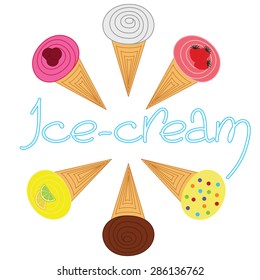 Six ice-cream cones decorated with different toppings placed on the white fond. Vector illustration eps 10