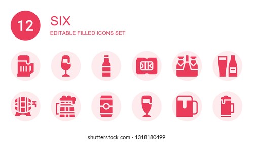 six icon set. Collection of 12 filled six icons included Beer