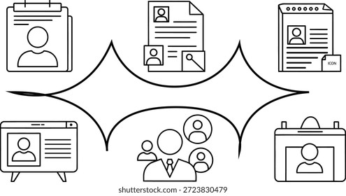 Seis ícones exibem vários aspectos do gerenciamento de informações pessoais. Eles incluem currículos, perfis de usuários e uma tela mostrando os dados pessoais associados aos contatos.