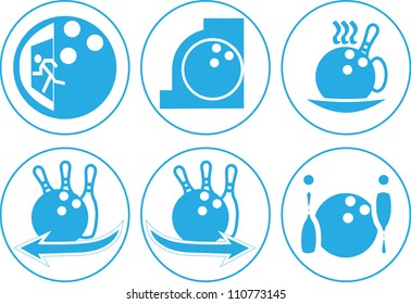 six icons on bowling: emergency exit, office, cafe, left, right, WC