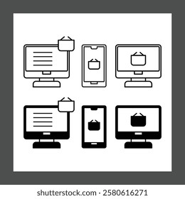 Six icons representing devices, including two computer monitors and two smartphones, each displaying a message or notification symbol