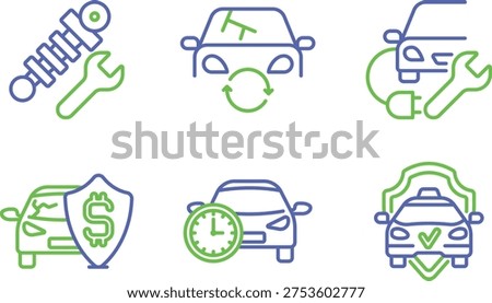Six icons representing different aspects of car maintenance and services