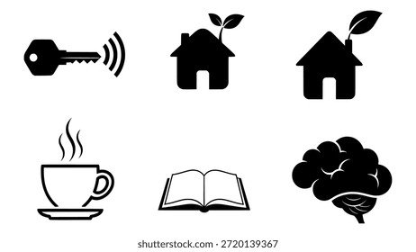 Six icons representing home, knowledge, and warmth in simple black graphics on white background.