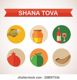 six icons for Rosh Hashana, Jewish holiday. illustration.  "Happy New Year" (Hebrew)