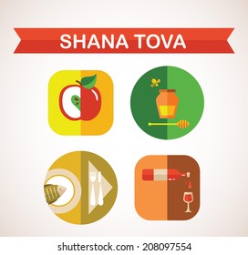 six icons for Rosh Hashana, Jewish holiday.  "Happy New Year" (Hebrew). illustration