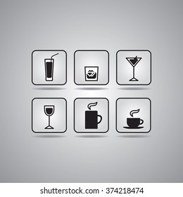 Six icons set of drinks & beverages. Vector black and white Illustration.