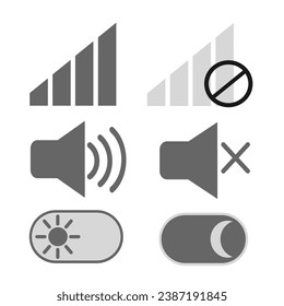 Six icons in a sheet loudspeaker and muted speaker brightness darkness mode and signal reception