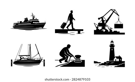 Six icons show ferry boat passenger disembarking crane lifting cargo sailor tying rope lighthouse on shore