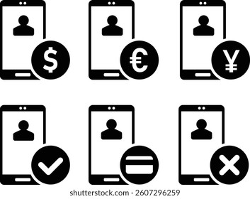 Six icons show mobile devices with currency symbols and credit card, illustrating digital payment methods.