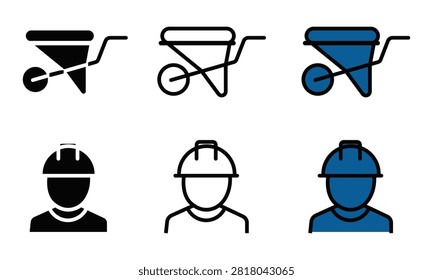 Six icons showing construction helmets and wheelbarrows in black and blue on transparent background